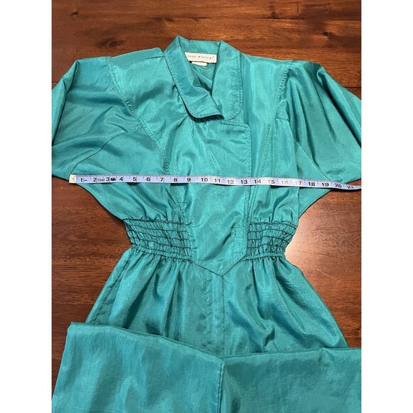 Vintage Joan Walters Lightweight Teal Green Jumpsuit W Shoulder pads Size 6 / XS - Picture 4 of 11